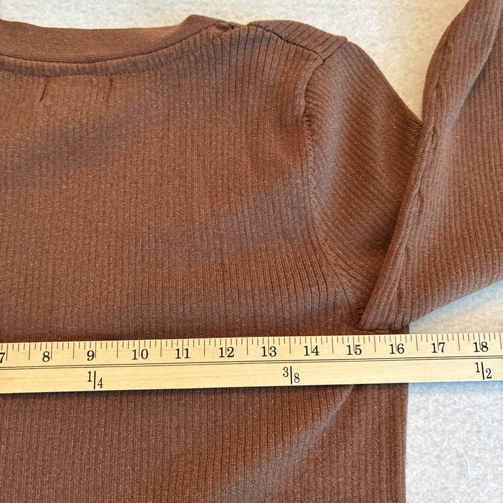 Maeve Thea Ribbed V-Neck Sweater Top Medium Honey Brown Metallic Anthropologie - Picture 8 of 10